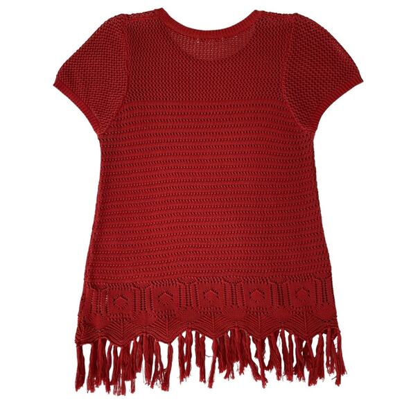 JohnPaulRichard Fringe Hem Red Knit Crocheted Short Sleeve Sweater Top Small - Picture 8 of 11